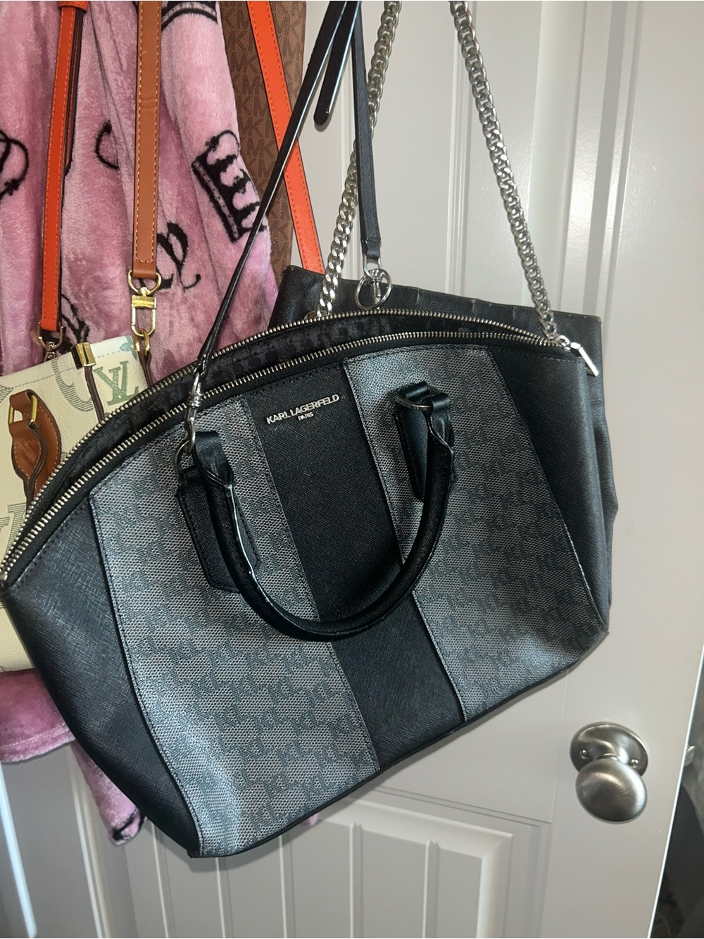 Karl Lagerfeld Black and Gray Two-Tone Tote with Chain Strap